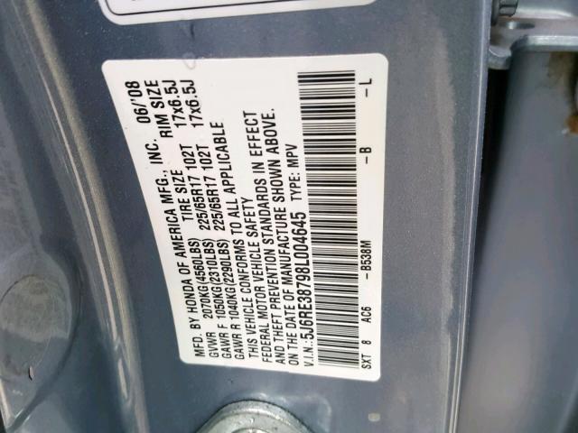 5J6RE38798L004645 - 2008 HONDA CR-V EXL BLUE photo 10