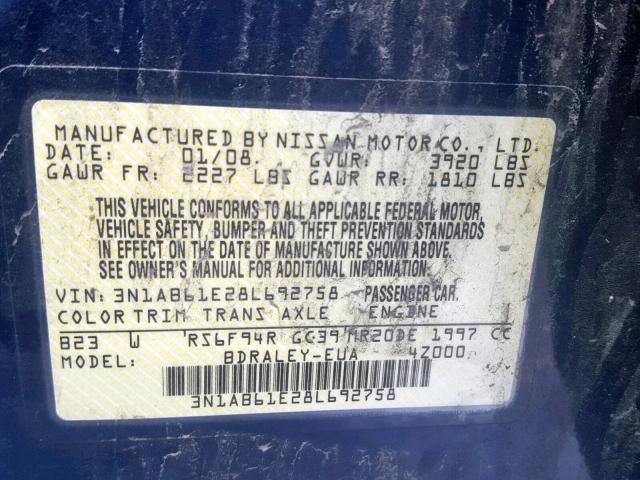 3N1AB61E28L692758 - 2008 NISSAN SENTRA 2.0 BLUE photo 10