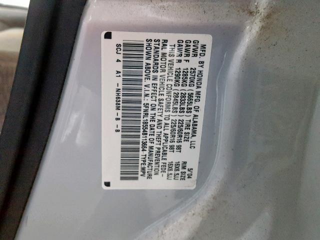 5FNRL18554B113664 - 2004 HONDA ODYSSEY LX SILVER photo 10