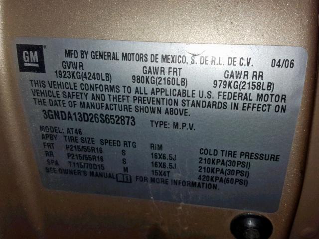 3GNDA13D26S652873 - 2006 CHEVROLET HHR LS Qızıl foto 10