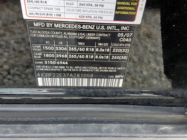 4JGBF22E37A281058 - 2007 MERCEDES-BENZ GL 320 CDI BLACK photo 10