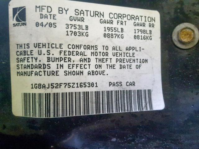 1G8AJ52F75Z165301 - 2005 SATURN ION LEVEL GRAY photo 10