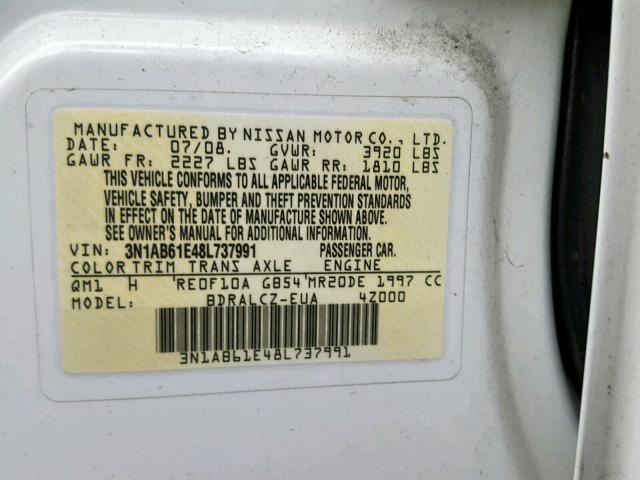 3N1AB61E48L737991 - 2008 NISSAN SENTRA 2.0 WHITE photo 10