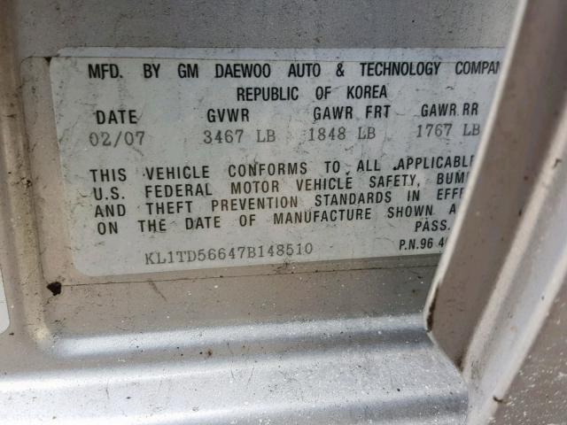 KL1TD56647B148510 - 2007 CHEVROLET AVEO BASE Gümüş foto 10