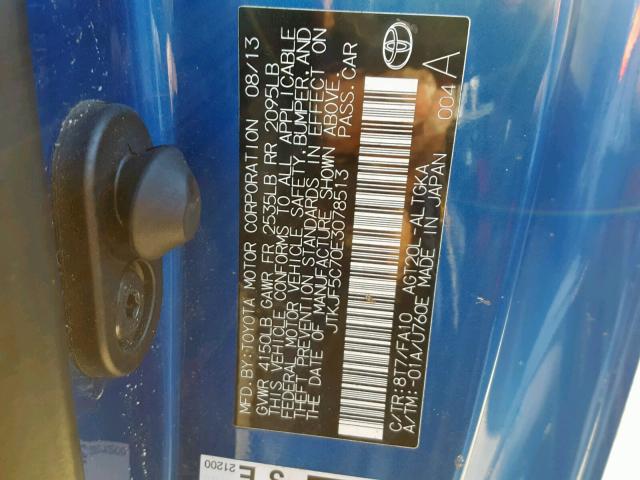 JTKJF5C70E3078513 - 2014 TOYOTA SCION TC BLUE photo 10