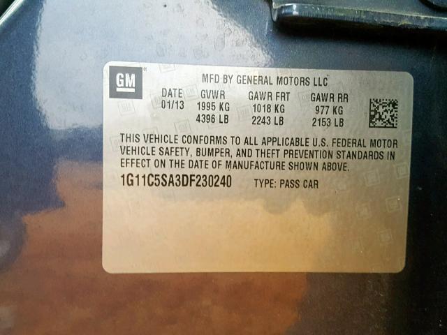 1G11C5SA3DF230240 - 2013 CHEVROLET MALIBU 1LT ლურჯი ფოტო 10