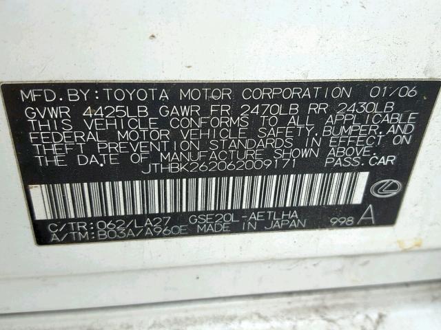 JTHBK262062009171 - 2006 LEXUS IS 250 WHITE photo 10