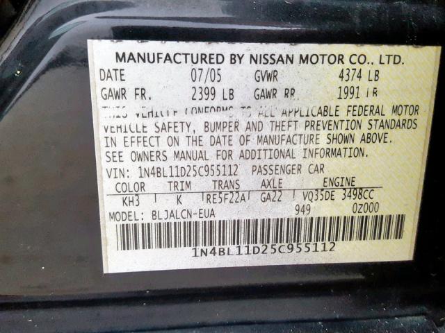 1N4BL11D25C955112 - 2005 NISSAN ALTIMA SE BLACK photo 10