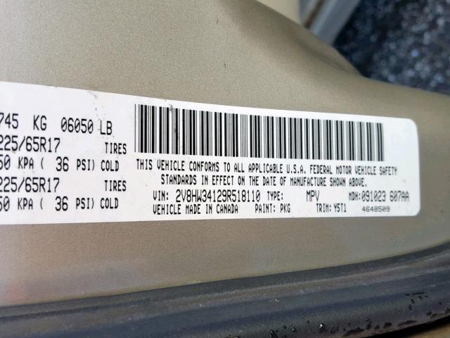 2V8HW34129R518110 - 2009 VOLKSWAGEN ROUTAN SE BEIGE photo 10