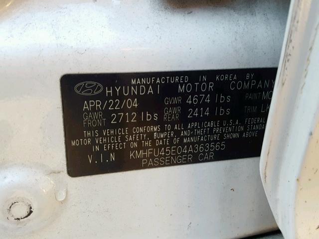 KMHFU45E04A363565 - 2004 HYUNDAI XG 350 WHITE photo 10