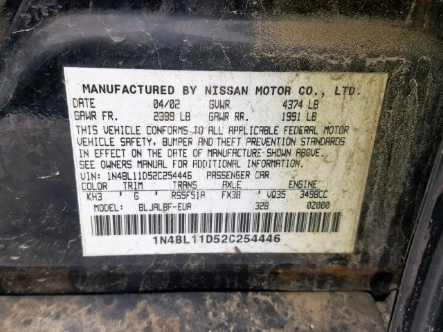 1N4BL11D52C254446 - 2002 NISSAN ALTIMA SE BLACK photo 10