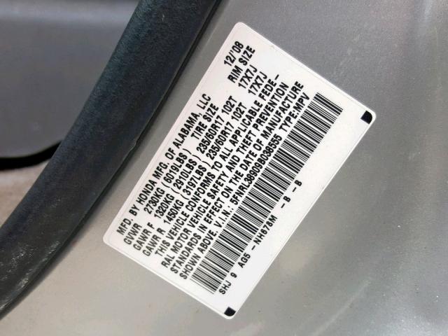 5FNRL38909B038555 - 2009 HONDA ODYSSEY TO SILVER photo 10