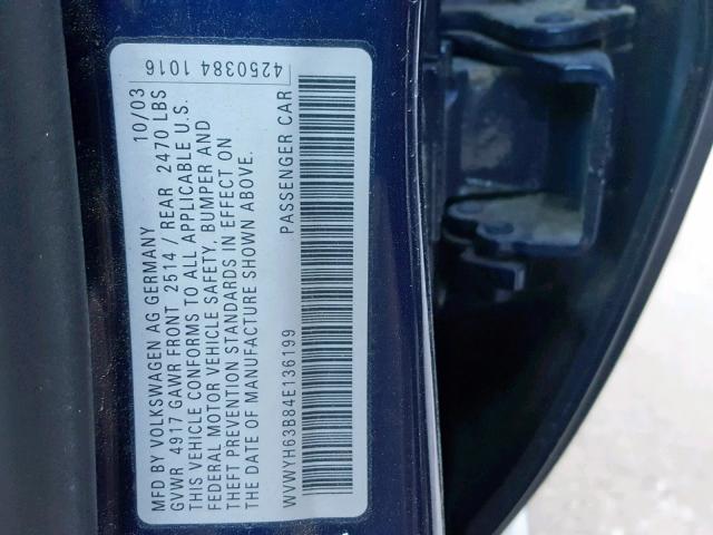 WVWYH63B84E136199 - 2004 VOLKSWAGEN PASSAT GLX BLUE photo 10