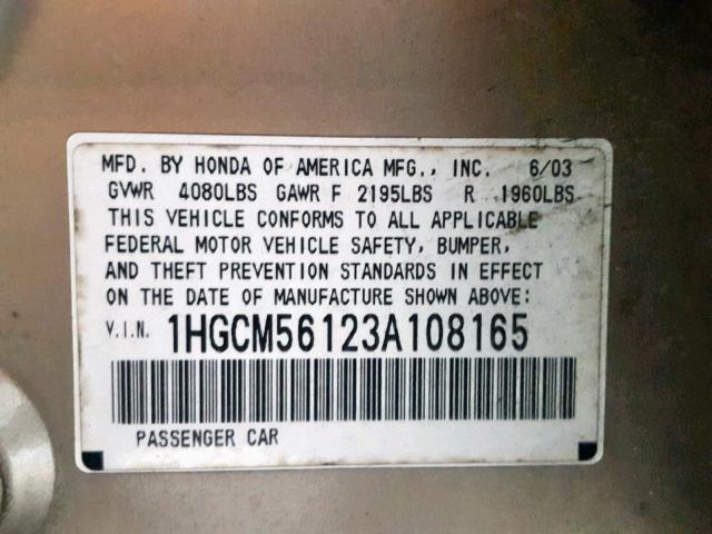 1HGCM56123A108165 - 2003 HONDA ACCORD DX GOLD photo 10