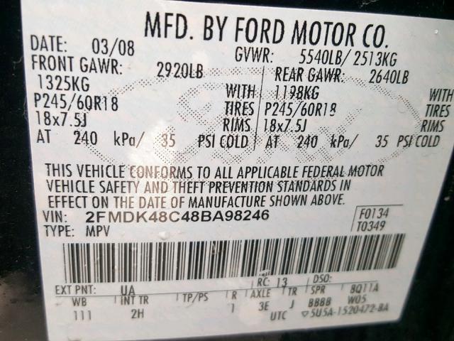 2FMDK48C48BA98246 - 2008 FORD EDGE SEL BLACK photo 10