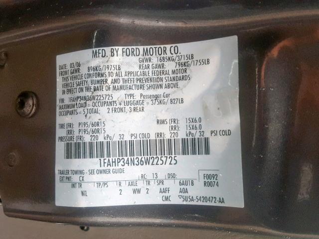 1FAHP34N36W225725 - 2006 FORD FOCUS ZX4 GRAY photo 10