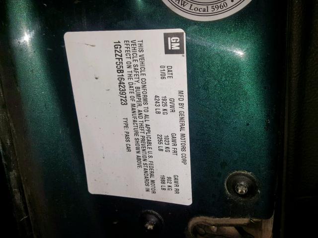 1G2ZF55B164239723 - 2006 PONTIAC G6 SE GREEN photo 10