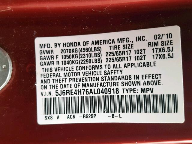 5J6RE4H76AL040918 - 2010 HONDA CR-V EXL BURGUNDY photo 10