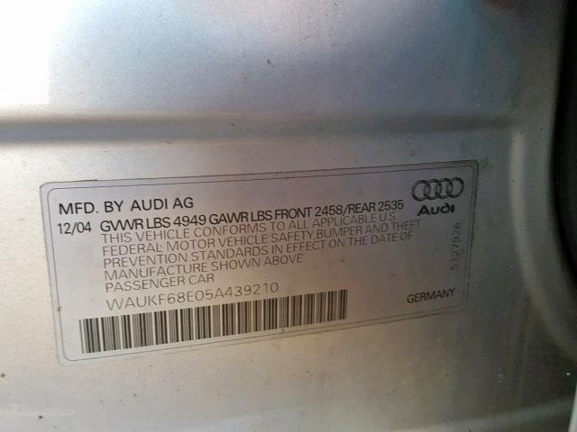 WAUKF68E05A439210 - 2005 AUDI A4 2.0T AV SILVER photo 10