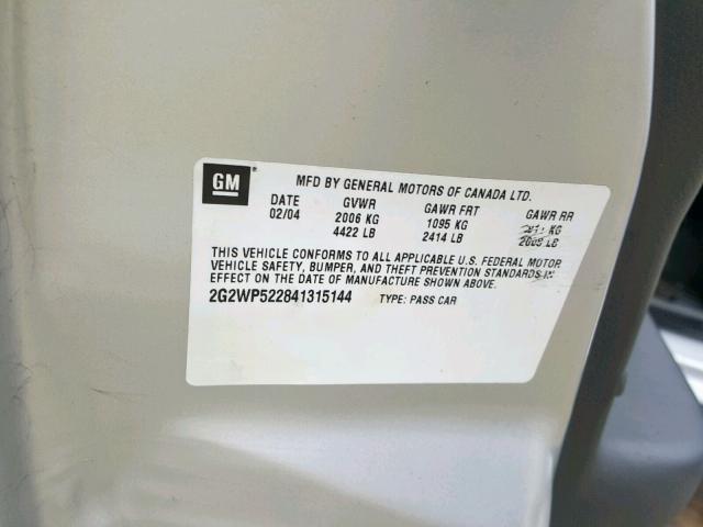 2G2WP522841315144 - 2004 PONTIAC GRAND PRIX SILVER photo 10