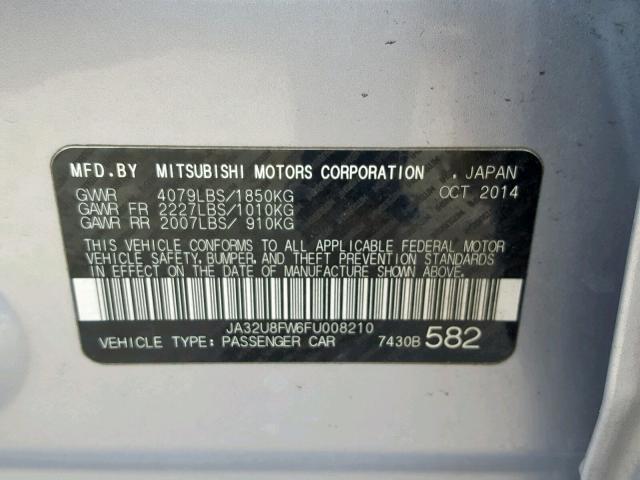 JA32U8FW6FU008210 - 2015 MITSUBISHI LANCER GT SILVER photo 10