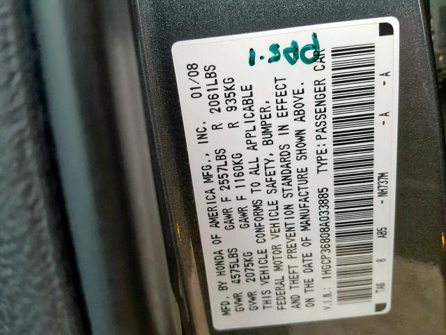 1HGCP36808A033885 - 2008 HONDA ACCORD EXL GRAY photo 10