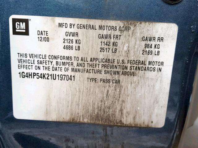 1G4HP54K21U197041 - 2001 BUICK LESABRE CU BLUE photo 10