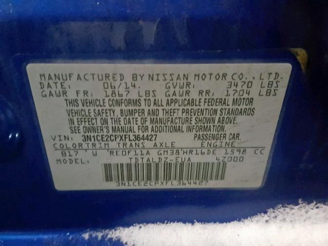 3N1CE2CPXFL364427 - 2015 NISSAN VERSA NOTE BLUE photo 10