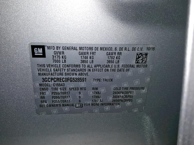 3GCPCREC0FG528591 - 2015 CHEVROLET SILVERADO Күміс фото 10