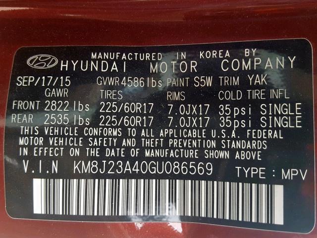 KM8J23A40GU086569 - 2016 HYUNDAI TUCSON SE MAROON photo 10