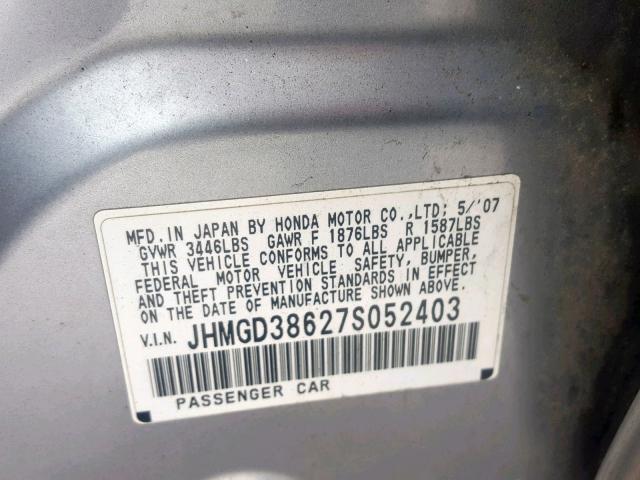 JHMGD38627S052403 - 2007 HONDA FIT S 灰色 照片 10