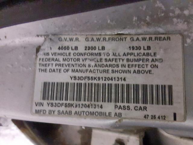 YS3DF55K912041314 - 2001 SAAB 9-3 SE SILVER photo 10