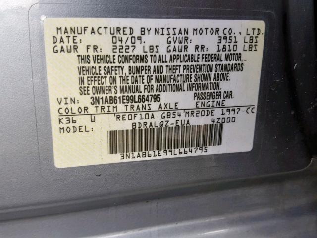 3N1AB61E99L664795 - 2009 NISSAN SENTRA 2.0 GRAY photo 10