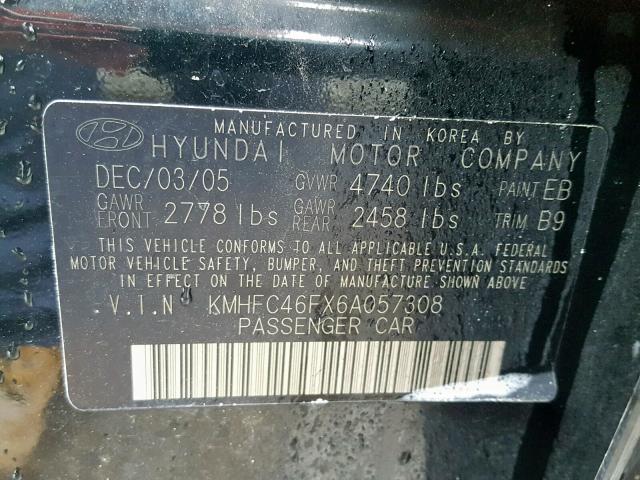 KMHFC46FX6A057308 - 2006 HYUNDAI AZERA SE BLACK photo 10