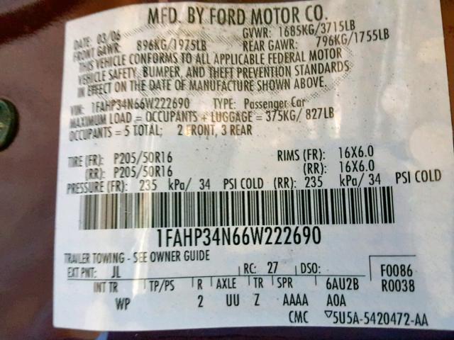 1FAHP34N66W222690 - 2006 FORD FOCUS ZX4 RED photo 10