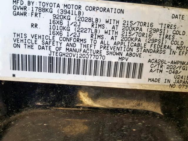 JTEGH20V120077070 - 2002 TOYOTA RAV4 BLACK photo 10