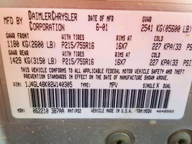 1J4GL48K02W140305 - 2002 JEEP LIBERTY SP SILVER photo 10