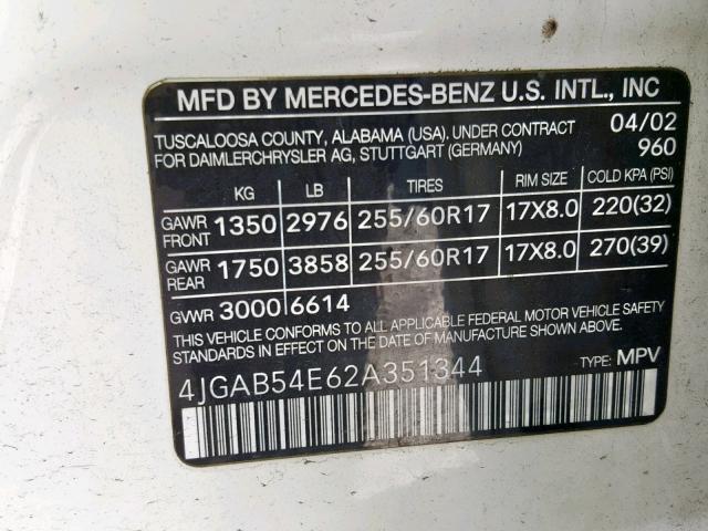 4JGAB54E62A351344 - 2002 MERCEDES-BENZ ML 320 WHITE photo 10