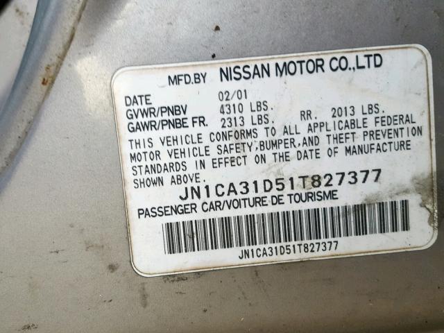 JN1CA31D51T827377 - 2001 NISSAN MAXIMA GXE GRAY photo 10