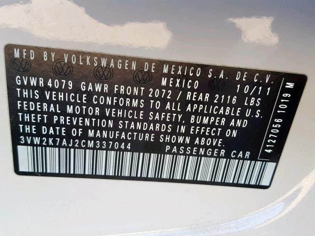 3VW2K7AJ2CM337044 - 2012 VOLKSWAGEN JETTA BASE Սպիտակ լուսանկար 10
