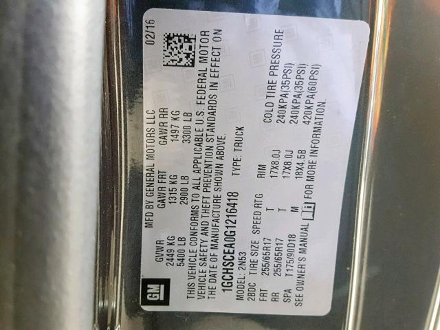 1GCHSCEA0G1216418 - 2016 CHEVROLET COLORADO L GRAY photo 10