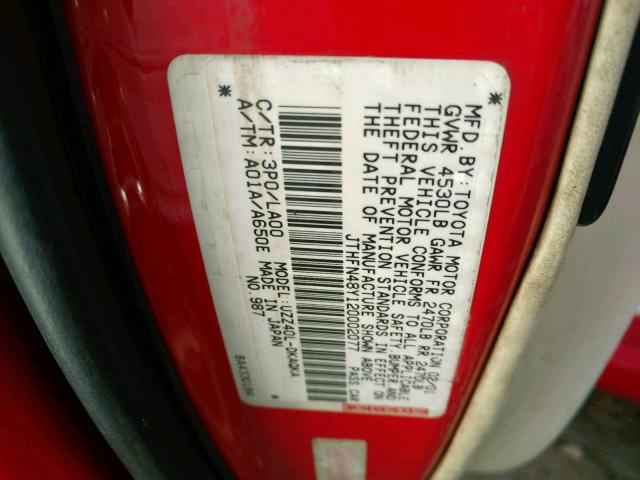 JTHFN48Y120002077 - 2002 LEXUS SC 430 RED photo 10