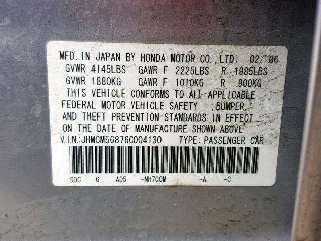 JHMCM56876C004130 - 2006 HONDA ACCORD EX SILVER photo 10