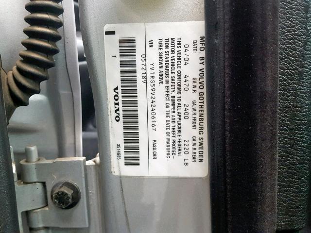 YV1RS59V242406167 - 2004 VOLVO S60 2.5T SILVER photo 10