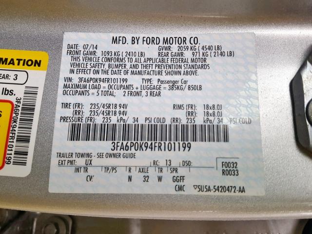 3FA6P0K94FR101199 - 2015 FORD FUSION TIT SILVER photo 10