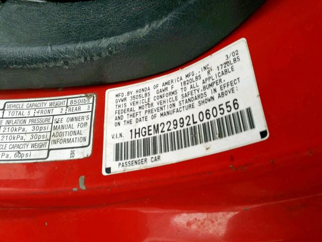 1HGEM22992L060556 - 2002 HONDA CIVIC EX RED photo 10