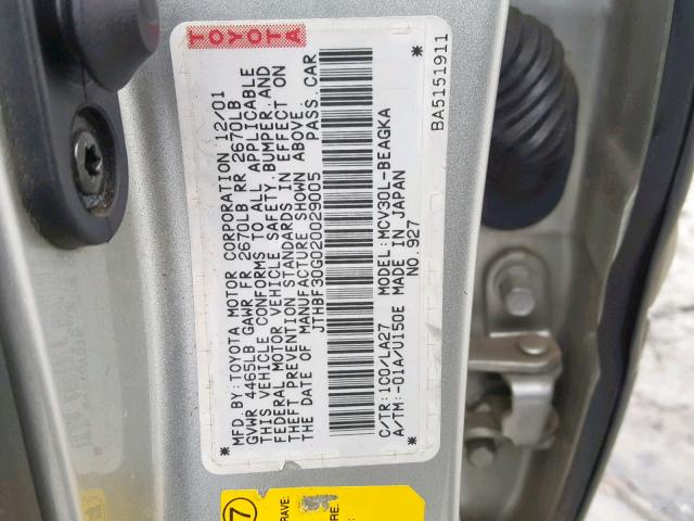 JTHBF30G020029005 - 2002 LEXUS ES 300 SILVER photo 10