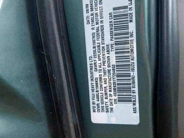 4S3BE6351Y7204653 - 2000 SUBARU LEGACY L BLUE photo 10