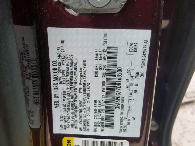 3FA6P0G77DR168500 - 2013 FORD FUSION S MAROON photo 10