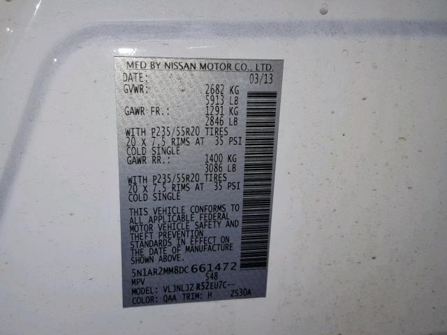 5N1AR2MM8DC661472 - 2013 NISSAN PATHFINDER WHITE photo 10